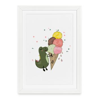 Dino avec crème glacée - Affiche encadrée (27 × 37 cm) - blanc - Devant