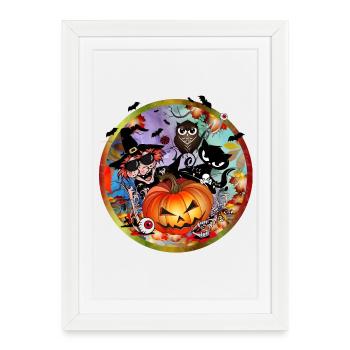 Citrouille d’Halloween avec sorcière, chat, chauve-souris et hibou - Affiche encadrée (27 × 37 cm) - blanc - Devant