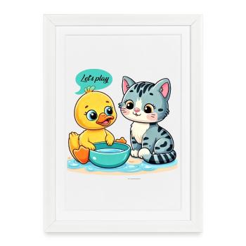 Whimsical Duck and Cat Play Scene - Framed poster (27 × 37 cm) - white - Front