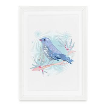 oiseau bleuâtre avec du gui dans l’ambiance hivernale - Affiche encadrée (27 × 37 cm) - blanc - Devant