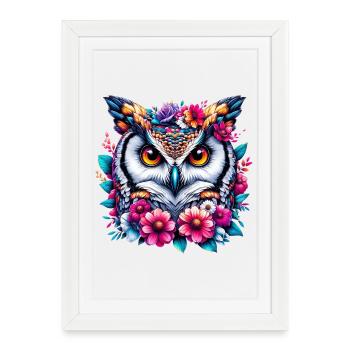 Hibou décoré de fleurs - Affiche encadrée (27 × 37 cm) - blanc - Devant