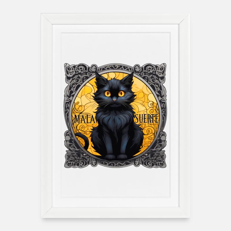 Schwarze Katze Mala Suerte - Gerahmtes Poster (27 × 37 cm) - Weiß