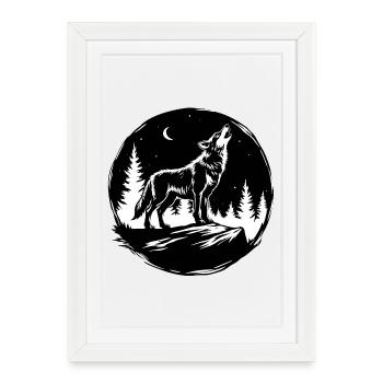 Black-and-White Stencil: Howling Wolf on a Rock - Framed poster (27 × 37 cm) - white - Front