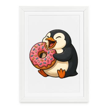 Mignon pingouin Donut Lover Dessin animé Grignotage - Affiche encadrée (27 × 37 cm) - blanc - Devant