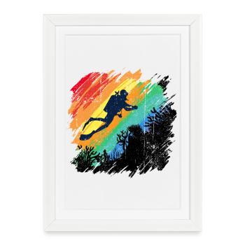 Illustration de plongeur sous-marin vif - Affiche encadrée (27 × 37 cm) - blanc - Devant