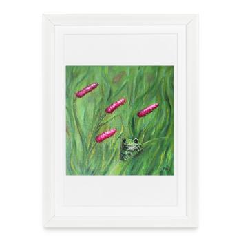 Grenouille verte parmi les pollens roses Oeuvre - Affiche encadrée (27 × 37 cm) - blanc - Devant