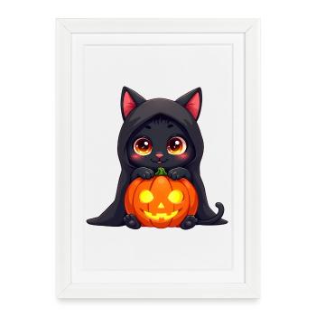 Halloween Cat with Halloween Pumpkin - Framed poster (27 × 37 cm) - white - Front