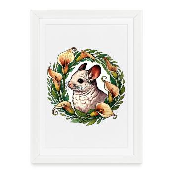 Chinchilla en cercle floral - Affiche encadrée (27 × 37 cm) - blanc - Devant