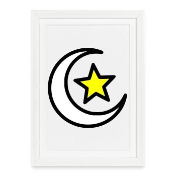 Croissant de Lune et Étoile | Symbole islamique au trait - Affiche encadrée (27 × 37 cm) - blanc - Devant