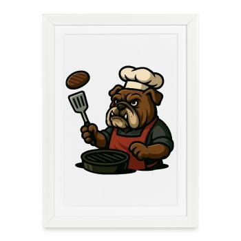 Bulldog Grill Master Flipping Steak Cartoon Art - Framed poster (27 × 37 cm) - white - Front