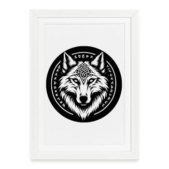Wolf with Nordic symbols - Framed poster (27 × 37 cm) - white - Front