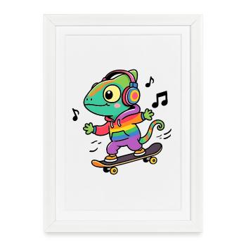 Rainbow Chameleon on Skate - Framed poster (27 × 37 cm) - white - Front