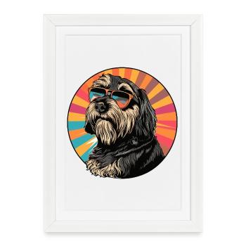 Chien à lunettes de soleil dans un arc-en-ciel rétro - Affiche encadrée (27 × 37 cm) - blanc - Devant