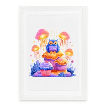 Forest fantasy owl on mushroom - Framed poster (27 × 37 cm) - white - Front