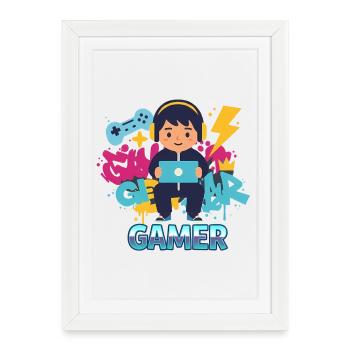 Gamer Kid with game pad and headphones - Framed poster (27 × 37 cm) - white - Front