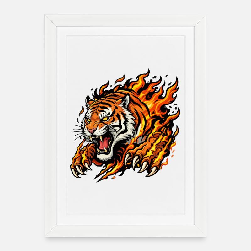 Flammentiger: Brennende Jagd - Gerahmtes Poster (27 × 37 cm) - Weiß