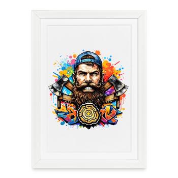 Bûcheron graffiti avec double hache - Affiche encadrée (27 × 37 cm) - blanc - Devant