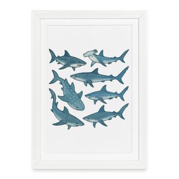 Parade du Requin Bleu Imprimé Océan - Affiche encadrée (27 × 37 cm) - blanc - Devant