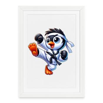 Mignons Penguin Karate Kick Arts Martiaux - Affiche encadrée (27 × 37 cm) - blanc - Devant