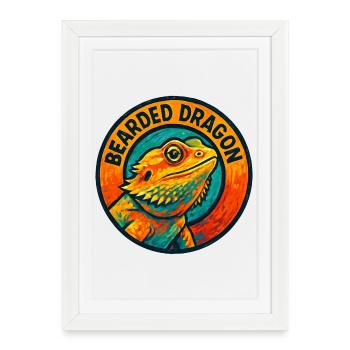 Lézard Agame Barbu Style Gravure Colorée - Affiche encadrée (27 × 37 cm) - blanc - Devant