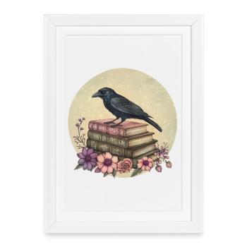 Raven sur une pile de livres - Affiche encadrée (27 × 37 cm) - blanc - Devant