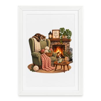 Temps de tricot câlin près de la cheminée, tricot fait main - Affiche encadrée (27 × 37 cm) - blanc - Devant