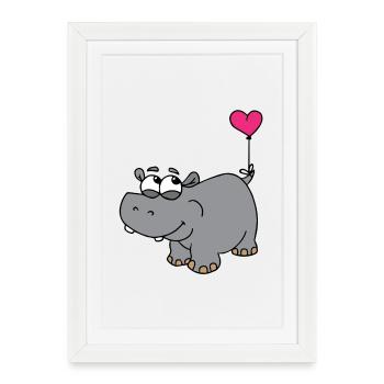 Hippopotame avec un ballon en cœur - Affiche encadrée (27 × 37 cm) - blanc - Devant