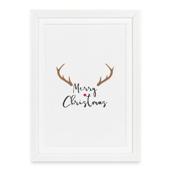 Joyeux Noël déco bois de renne à nez rouge - Affiche encadrée (27 × 37 cm) - blanc - Devant