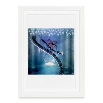 Curved piano in a winter landscape with dragon - Framed poster (27 × 37 cm) - white - Front