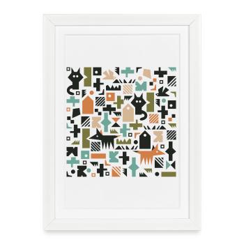 Chat renard oiseau motif l multicolore - Affiche encadrée (27 × 37 cm) - blanc - Devant