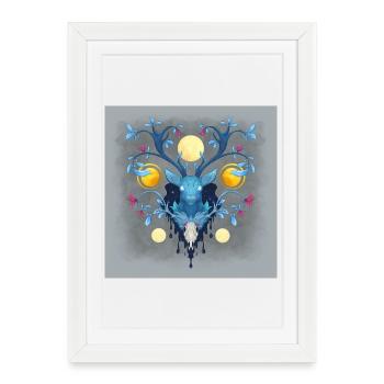 Blue Ink Spirits Posters - Cerf Nocturne Fleuri - Affiche encadrée (27 × 37 cm) - blanc - Devant