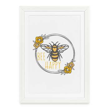 Floral Wreath and bee happy - Affiche encadrée (27 × 37 cm) - blanc - Devant