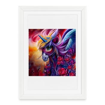 Merveilleuse licorne colorée avec des fleurs. - Affiche encadrée (27 × 37 cm) - blanc - Devant