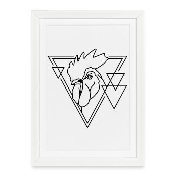 Coq en forme géométrique - Conception d’art au trait - Affiche encadrée (27 × 37 cm) - blanc - Devant