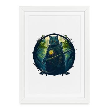 Cat as samurai in forest - Framed poster (27 × 37 cm) - white - Front