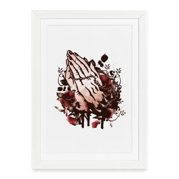 deux mains priant avec le chapelet et les roses - Affiche encadrée (27 × 37 cm) - blanc - Devant