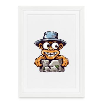 Gorille de dessin animé avec chapeau de pierres qui se brise - Affiche encadrée (27 × 37 cm) - blanc - Devant
