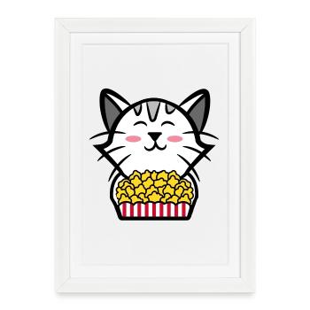 Cat Movies Popcorn Cinema Binge Watching Cineaste - Affiche encadrée (27 × 37 cm) - blanc - Devant