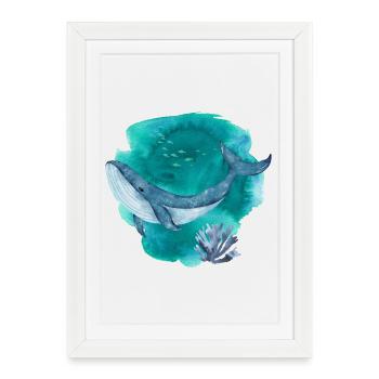 Baleine bleue aquarelle – Ocean Wildlife Art - Affiche encadrée (27 × 37 cm) - blanc - Devant