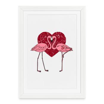 Flamants amoureux en cœur rose - Affiche encadrée (27 × 37 cm) - blanc - Devant