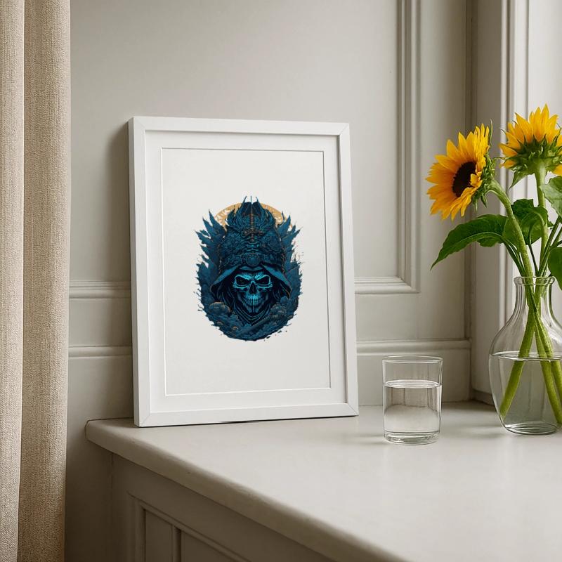 Blauer Samurai Skelett Schädel - Blauer Samurai Schädel Gerahmtes Poster (27 × 37 cm)