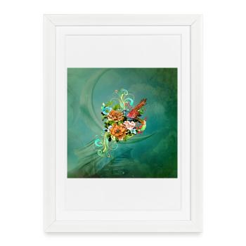 Merveilleuses fleurs élégantes avec oiseau. - Affiche encadrée (27 × 37 cm) - blanc - Devant