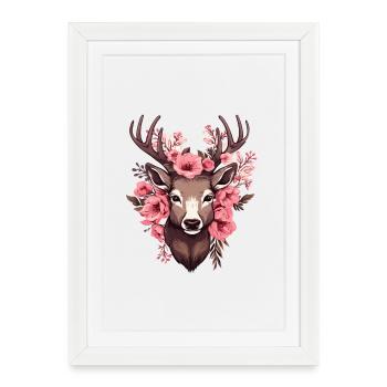Chevreuil avec des fleurs Costumes Tête de cerf Tête de cerf - Affiche encadrée (27 × 37 cm) - blanc - Devant