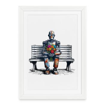 Robot Bench Flowers Robot Love Rusty Art - Framed poster (27 × 37 cm) - white - Front