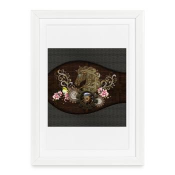 Ce cheval steampunk unique avec des fleurs - Affiche encadrée (27 × 37 cm) - blanc - Devant
