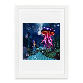 Cute mermaid look at the beautiful jellyfish. - Framed poster (27 × 37 cm) - white - Front