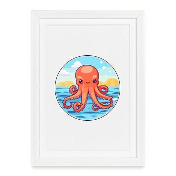 Poulpe aquarelle dessin animé kawaii Clipart Animal - Affiche encadrée (27 × 37 cm) - blanc - Devant