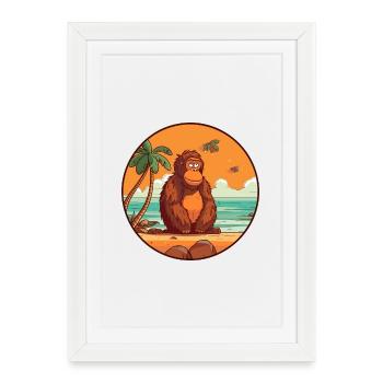 Orang-outan aquarelle dessin animé Kawaii Clipart Animal - Affiche encadrée (27 × 37 cm) - blanc - Devant