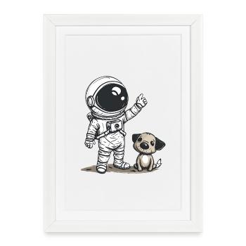 Mignon astronaute et chien dessin animé Design | Espace - Affiche encadrée (27 × 37 cm) - blanc - Devant