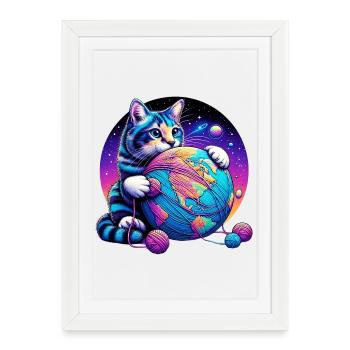 Chat joue avec une pelote de laine planète Terre - Affiche encadrée (27 × 37 cm) - blanc - Devant